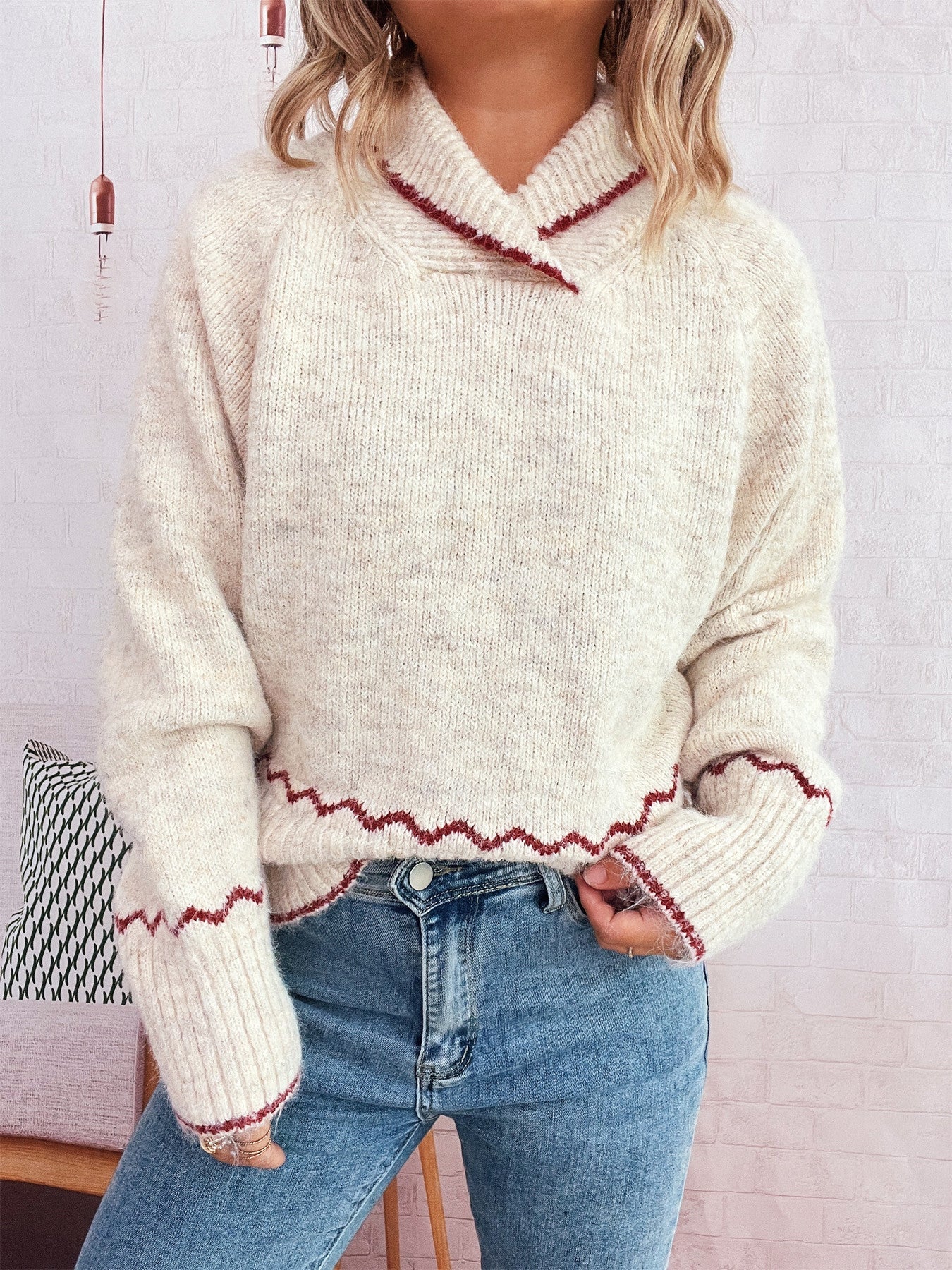 Damen Strickpullover Kuschelig Wellenrand Beige