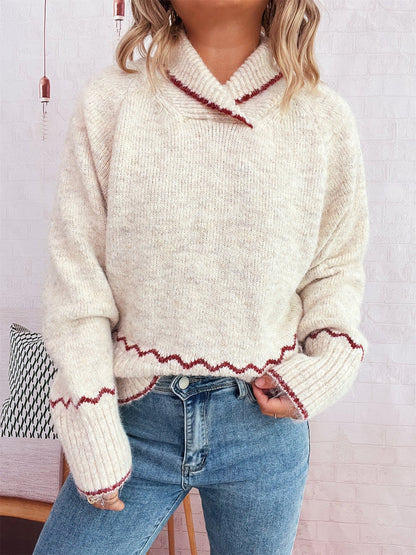 Damen Strickpullover Kuschelig Wellenrand Beige