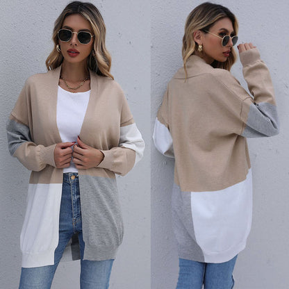 Damen Cardigan Lang Weiches Strick Norvielle Farbblockierung