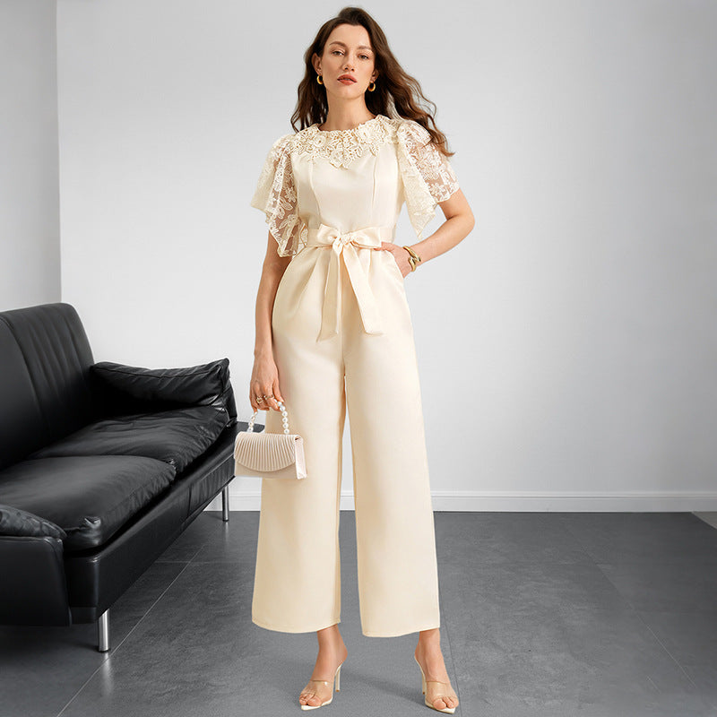 Damen Jumpsuit Romantische Spitzendetails Bindegürtel Norvielle - Norvielle