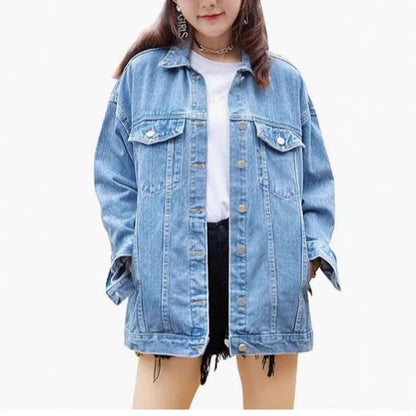 Damen Oversized Denimjacke Dekorative Druckknöpfe Blau - Norvielle