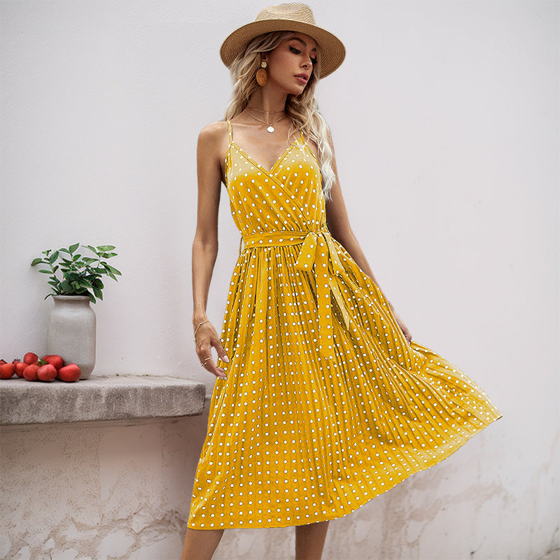 Damen Midikleid mit Gürtel Polka Dot Muster