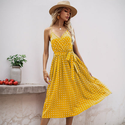 Damen Midikleid mit Gürtel Polka Dot Muster