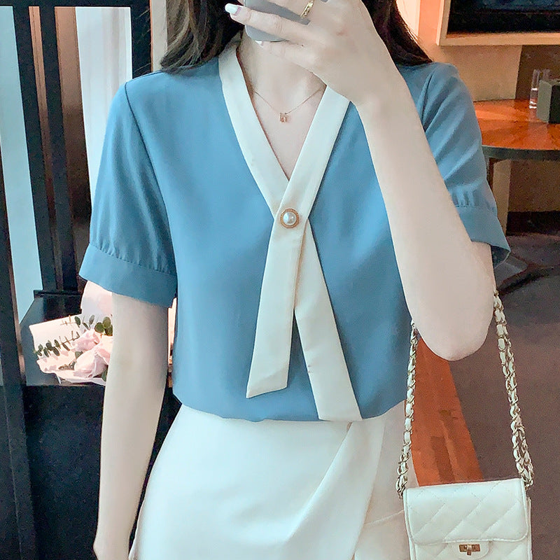 Damen Bluse Eleganter Wellenkragen Knopfdesign Weiß