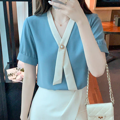 Damen Bluse Eleganter Wellenkragen Knopfdesign Weiß