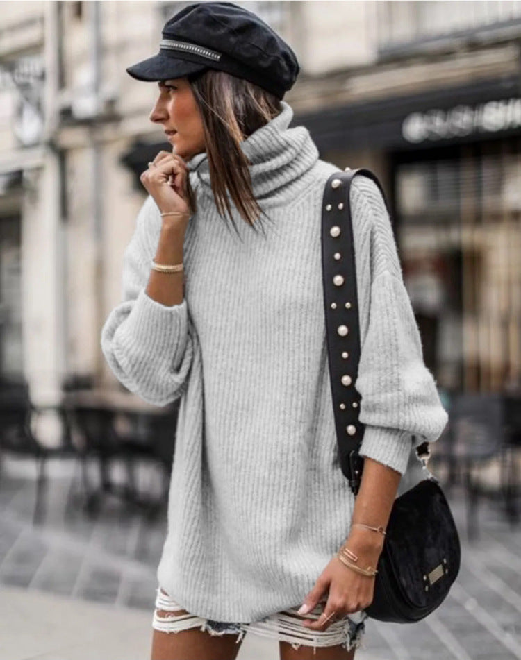 Damen Grobstrickpullover Hochkragen Elegante Knöpfe Norvielle