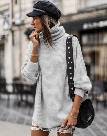 Damen Grobstrickpullover Hochkragen Elegante Knöpfe Norvielle