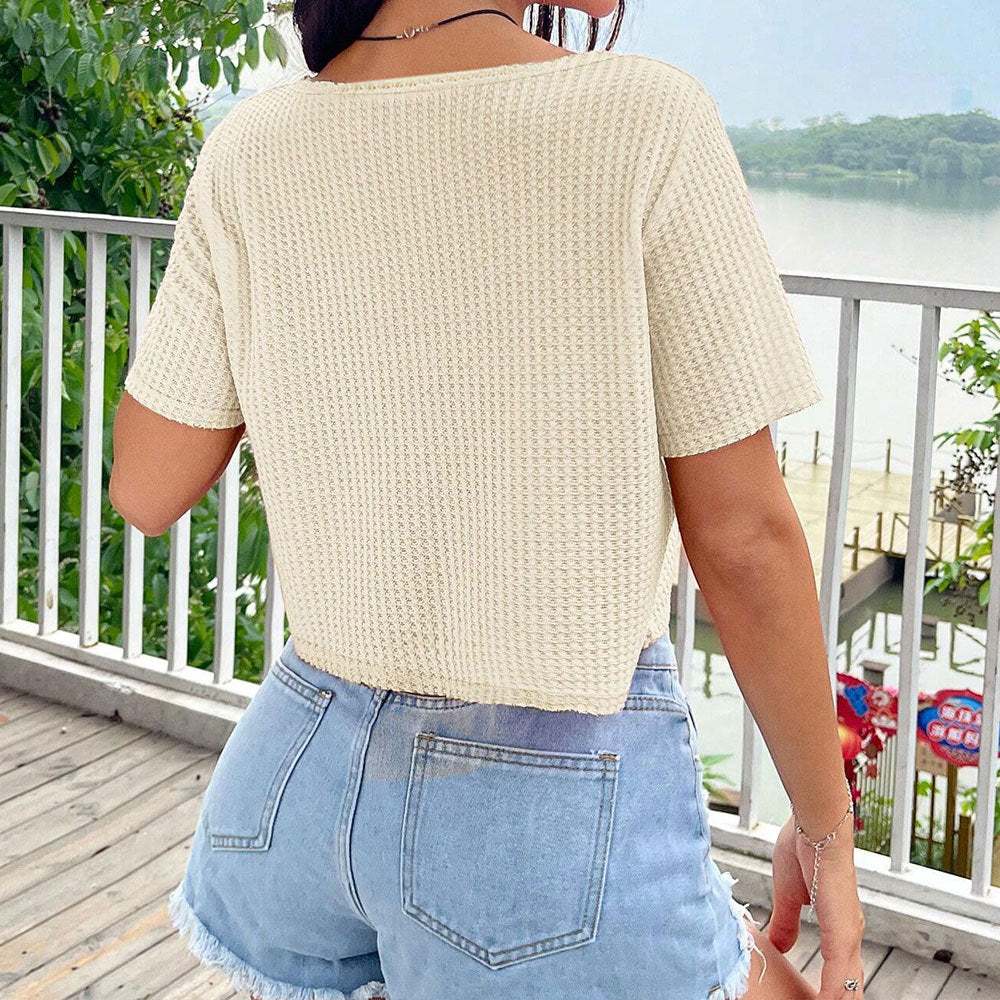 Damen Cropped T-Shirt Asymmetrischer V-Ausschnitt Luftige Struktur