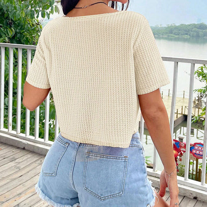 Damen Cropped T-Shirt Asymmetrischer V-Ausschnitt Luftige Struktur