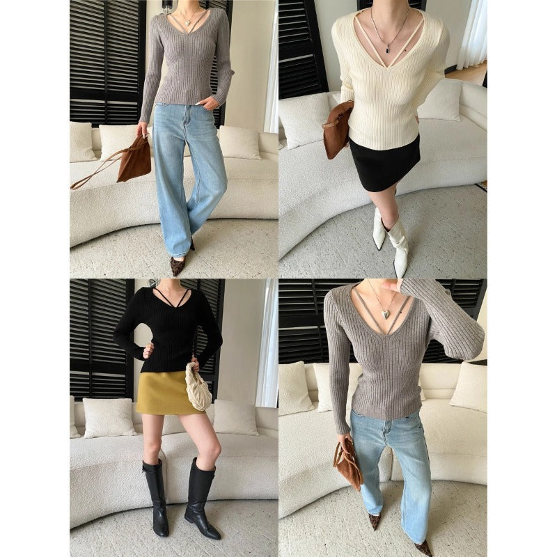 Damen Rippstrick Pullover V-Ausschnitt Langer Ärmel Norvielle