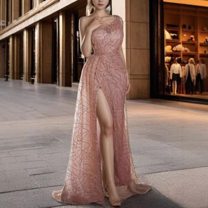 Damen Abendkleid Asymmetrischer Schnitt Glitzerdetails Schwarz - Norvielle