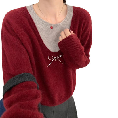 Damen Pullover V-Ausschnitt Schleifenapplikation Norvielle