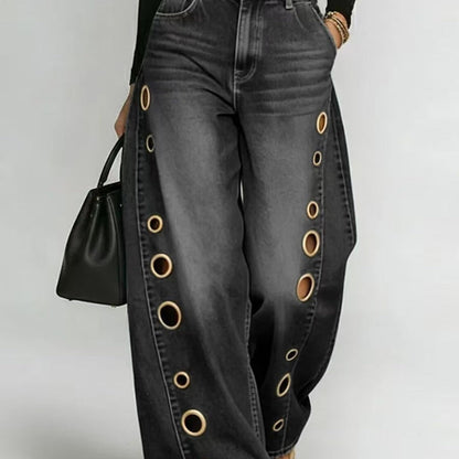 Damen Weite Jeans Dekorative Ösen Hoher Bund Norvielle