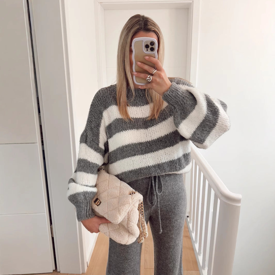 Damen Cropped-Pullover Breite Streifen Hoher Kragen Norvielle