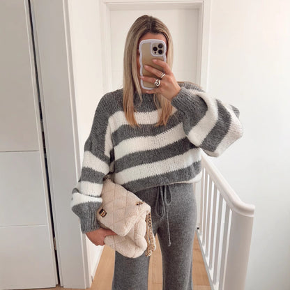 Damen Cropped-Pullover Breite Streifen Hoher Kragen Norvielle