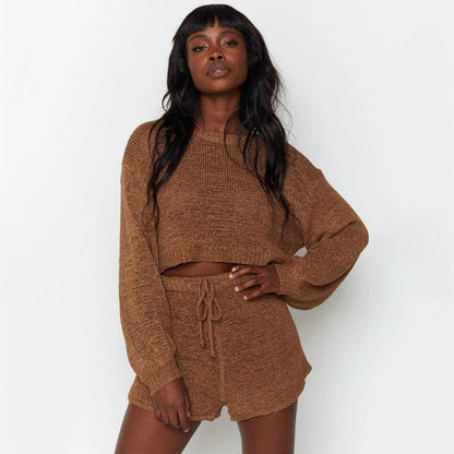Damen Cropped Strickanzug mit lockeren Shorts und Ärmeln