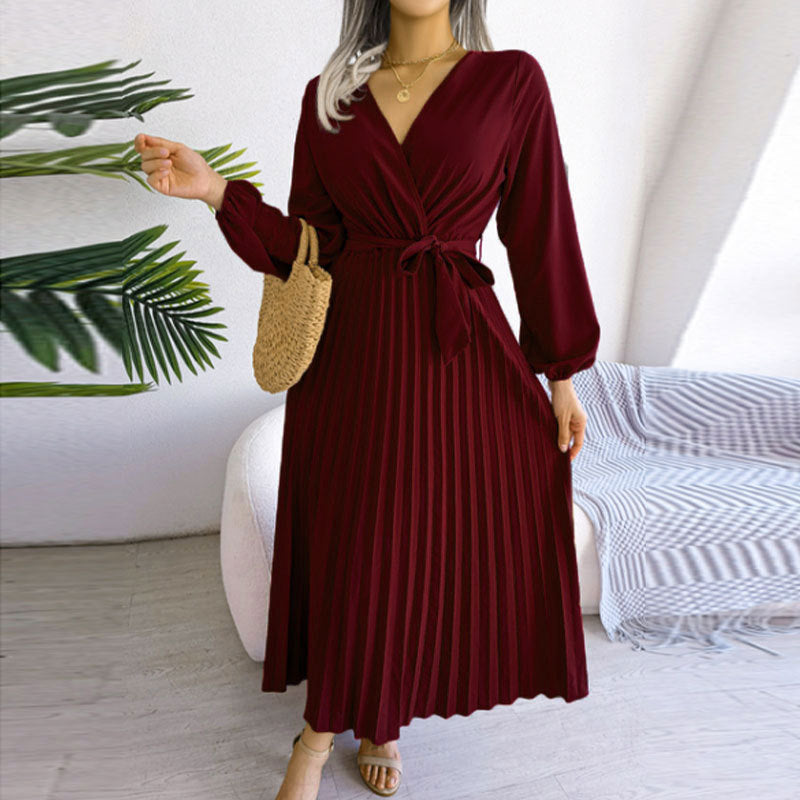 Damen Wickelkleid Faltenrock Langer Arm Norvielle