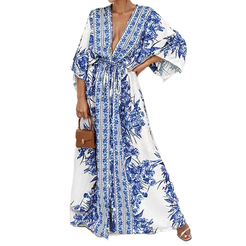 Damen Maxikleid Fließend Florales Design Weite Ärmel Norvielle