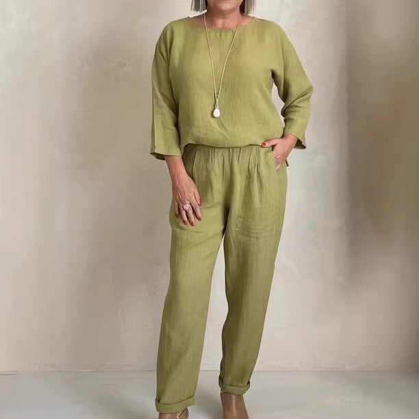 Damen Leinen-Set Weites Oberteil Bequeme Hose Beige