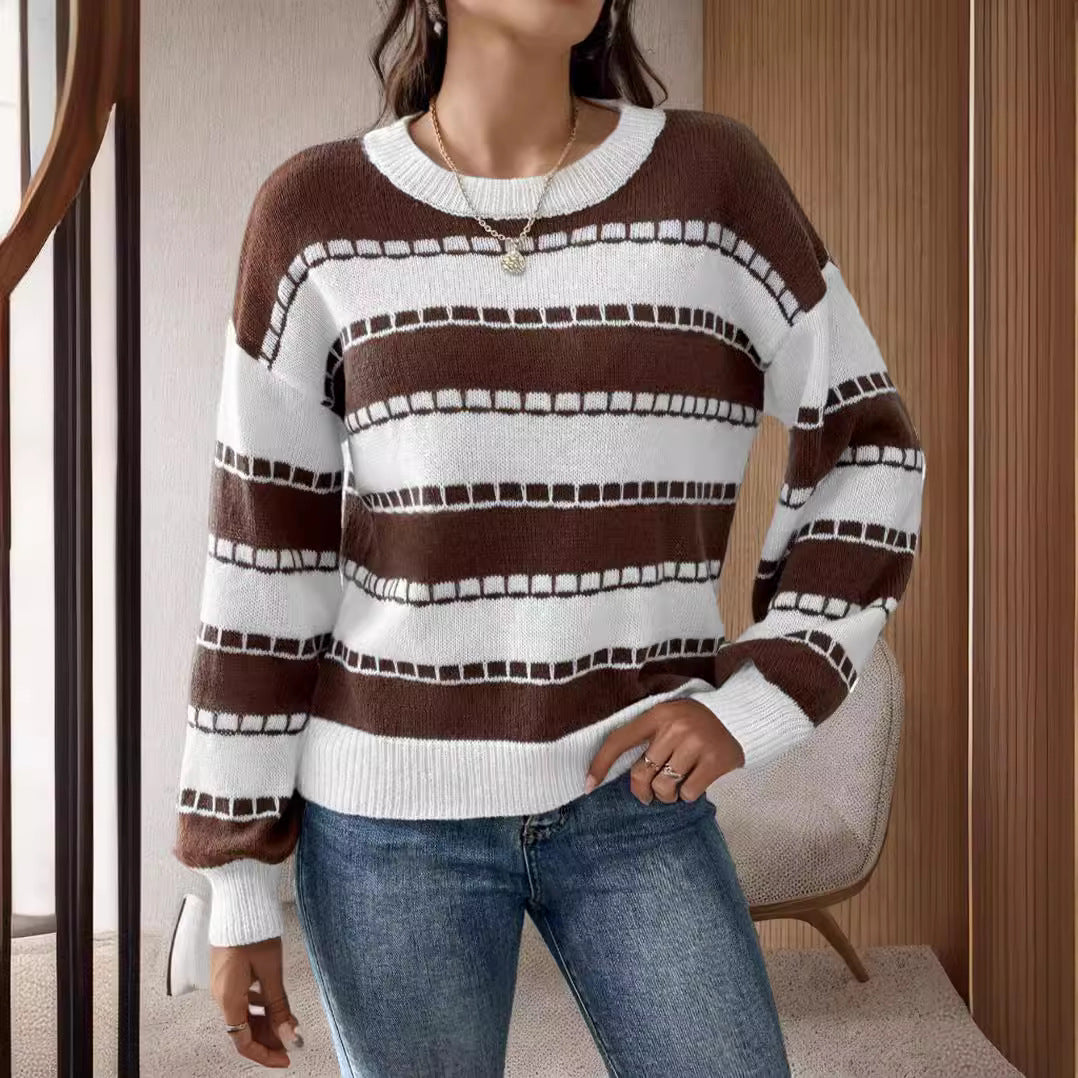Damen Grobstrickpullover Breite Streifen Lässige Ärmel Norvielle