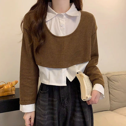 Damen Strickpullover mit Hemd Cropped Baumwolle Weiß