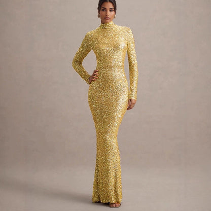 Damen Abendkleid Glitzernd Hochkragen Figurbetont Norvielle