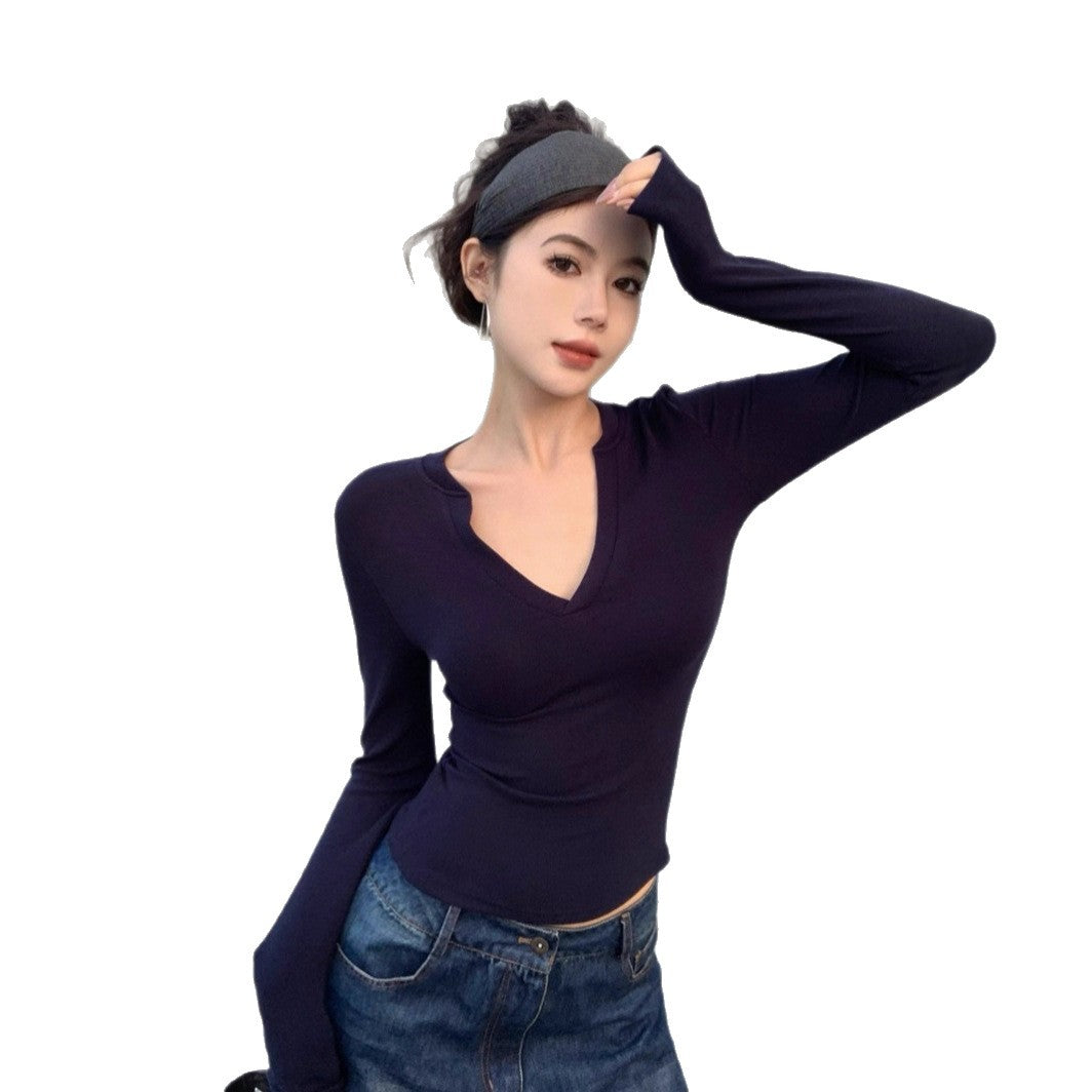Damen Langarmshirt V-Ausschnitt Figurbetonter Stoff Norvielle