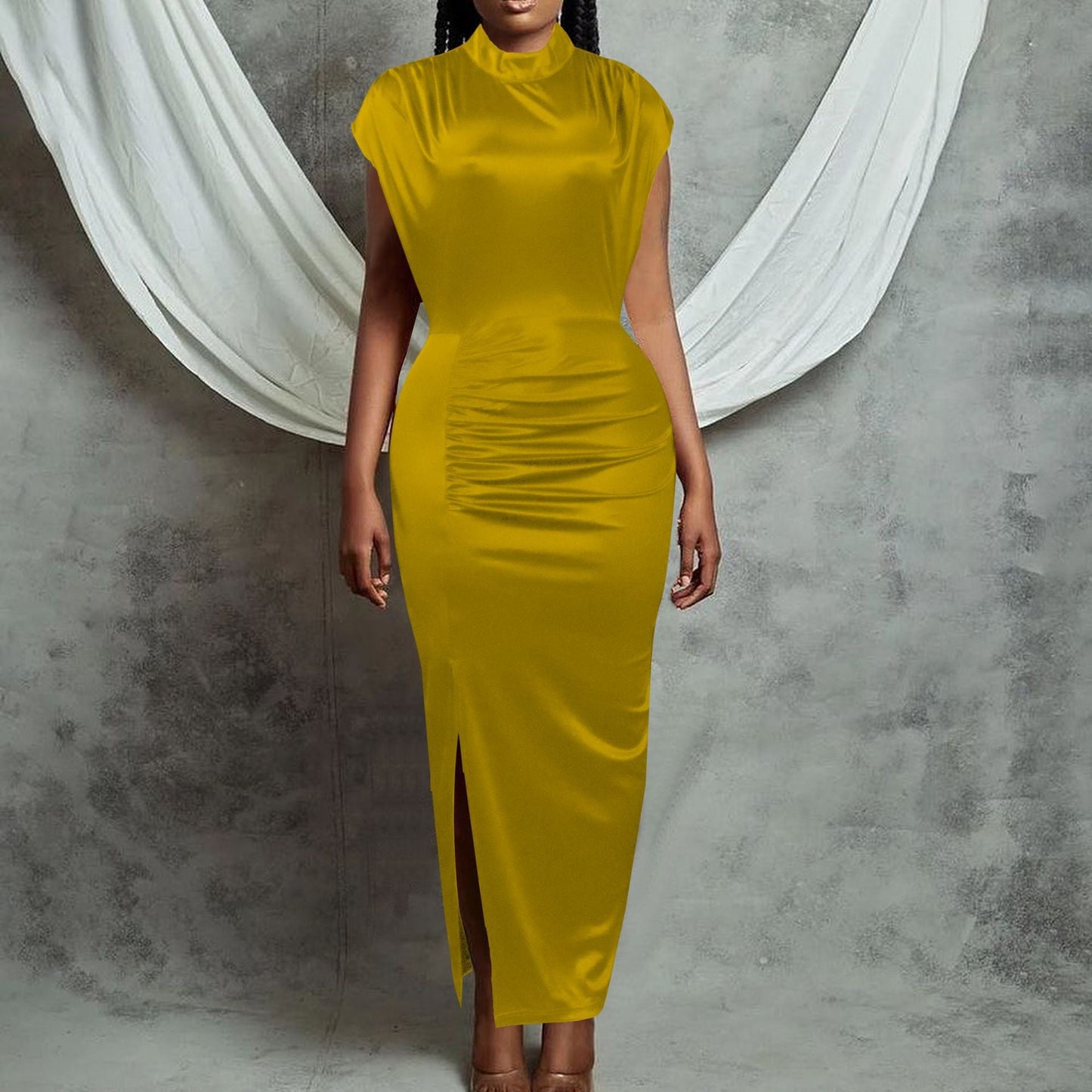 Damen Midi-Kleid Raffungen Figurbetont