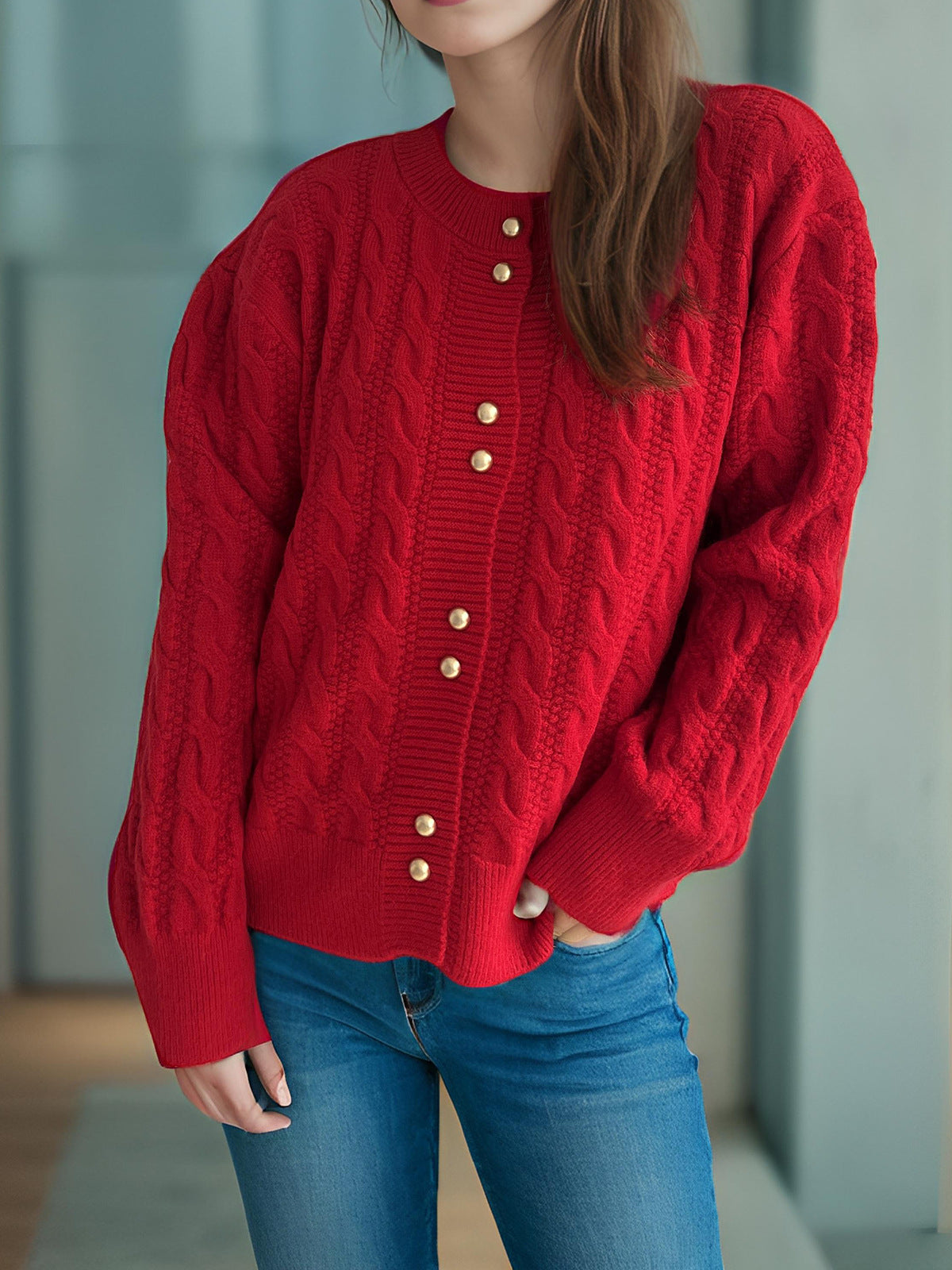 Damen Grobstrickjacke Kabelmuster Dekorative Knöpfe Norvielle