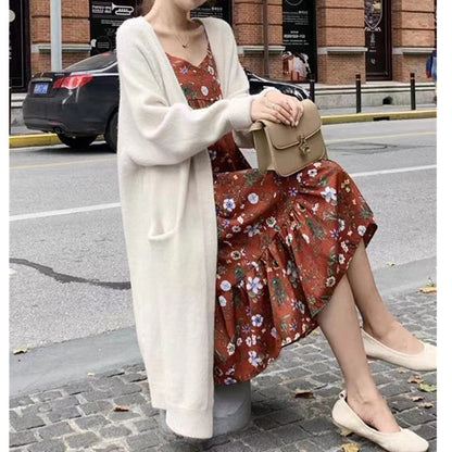 Damen Oversized Strickmantel Lässig Mit Taschen Beige - Norvielle