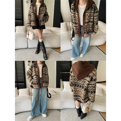Damen Cardigan Kapuze Kuschelfleece Muster