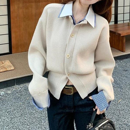 Damen Strickcardigan Große Knöpfe Überschnittene Ärmel Beige
