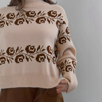 Damen Strickpullover Florales Muster Hochkragen Norvielle