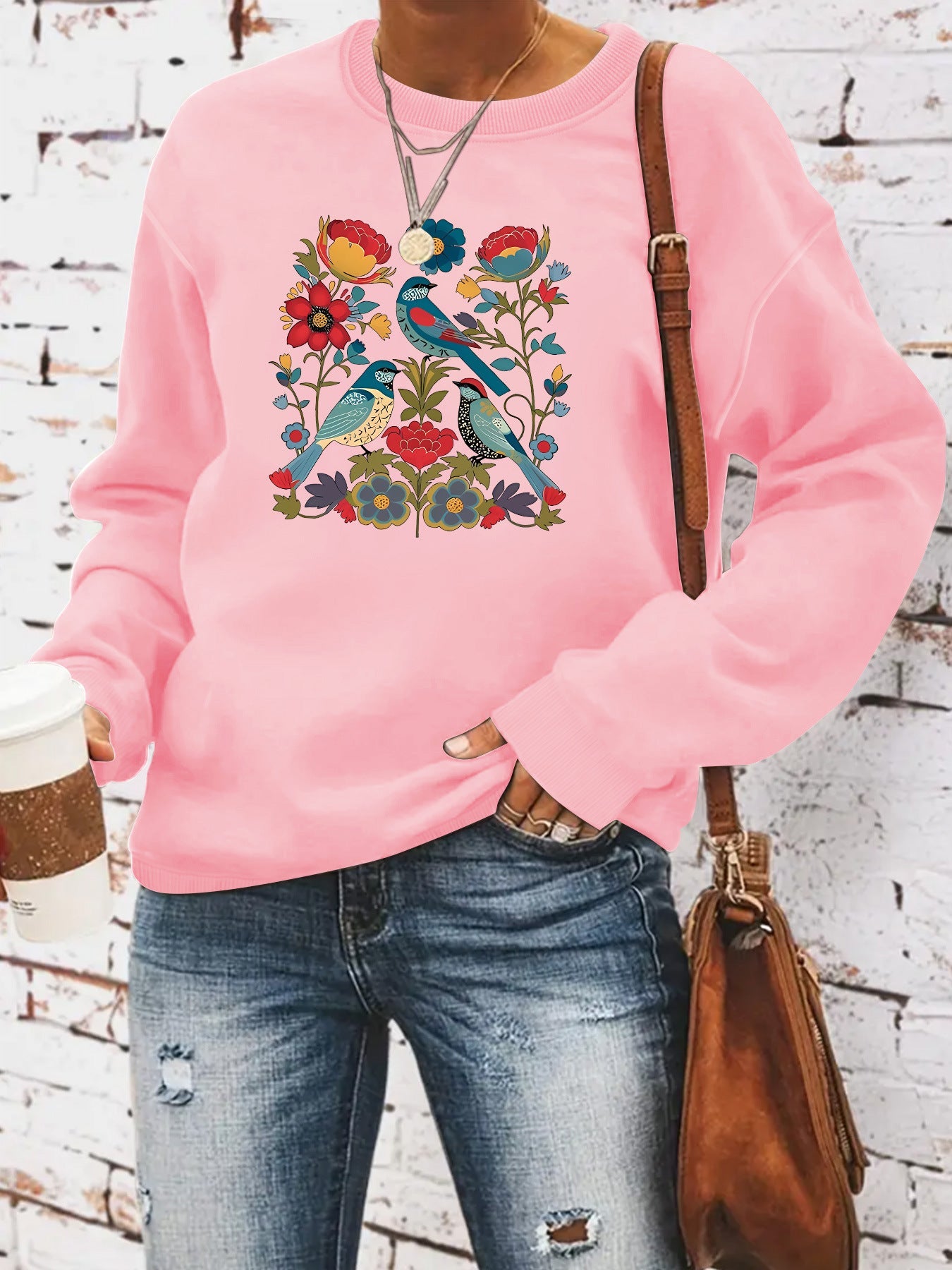 Damen Sweatshirt Florales Vogeldesign Lässiger Schnitt Norvielle