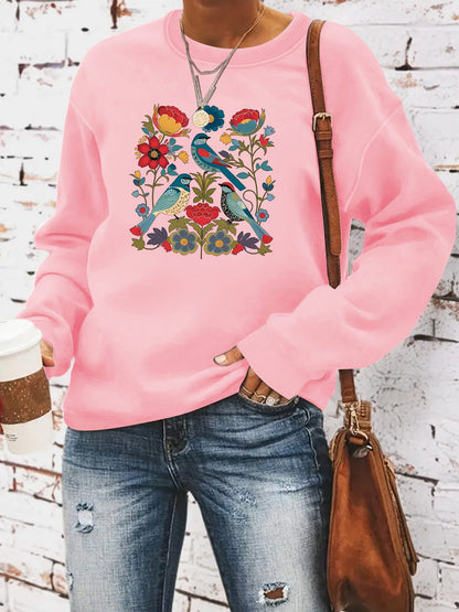 Damen Sweatshirt Florales Vogeldesign Lässiger Schnitt Norvielle