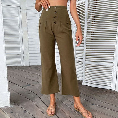 Damen Hochwaisted Hosen Knopfdetail Faltenwurf Schwarz - Norvielle