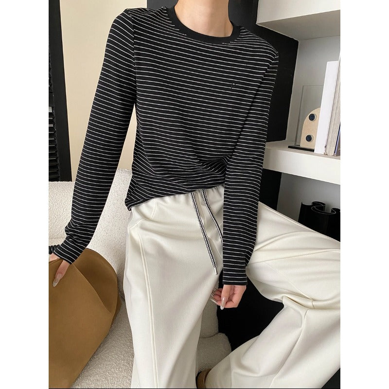 Damen Langarmshirt Klassisches Streifenmuster Rundhals Weiß - Norvielle