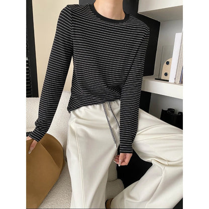 Damen Langarmshirt Klassisches Streifenmuster Rundhals Weiß - Norvielle