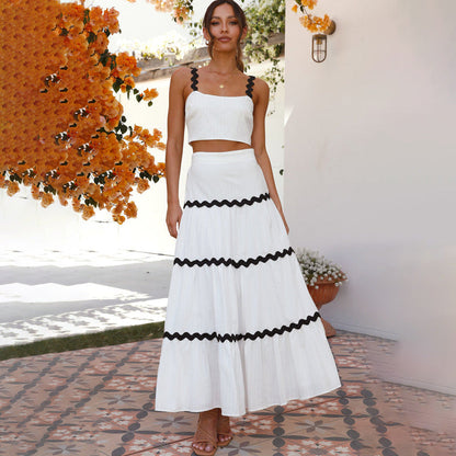 Damen Crop- Set Voluminöser Rock Ziersaum