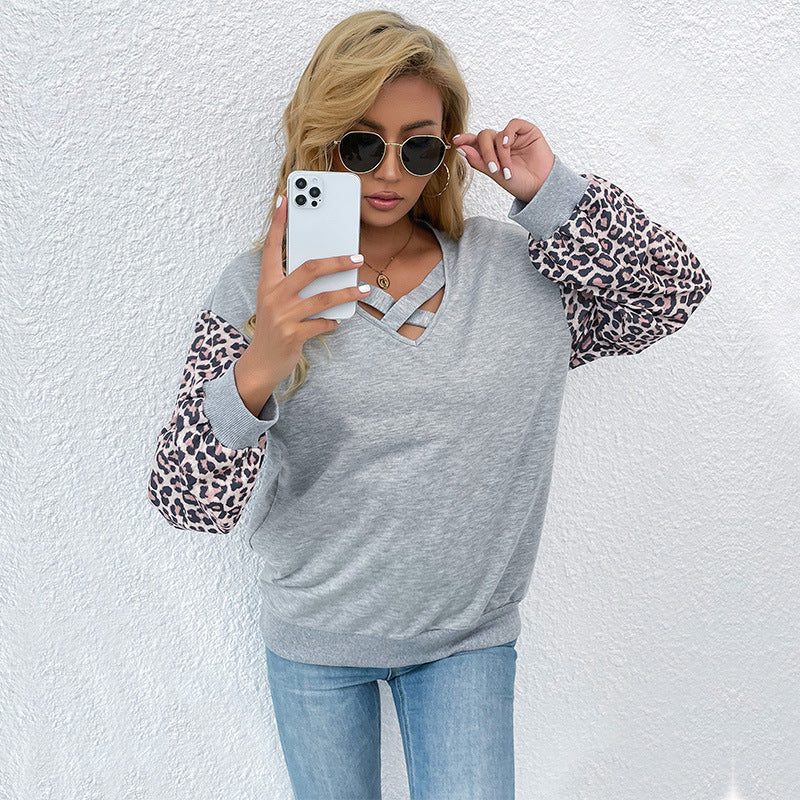 Damen Pullover Animal-Print Ärmel V-Ausschnitt Norvielle