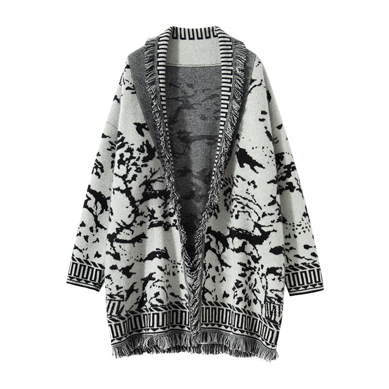Damen Strickjacke mit Grafikmuster und Fransen