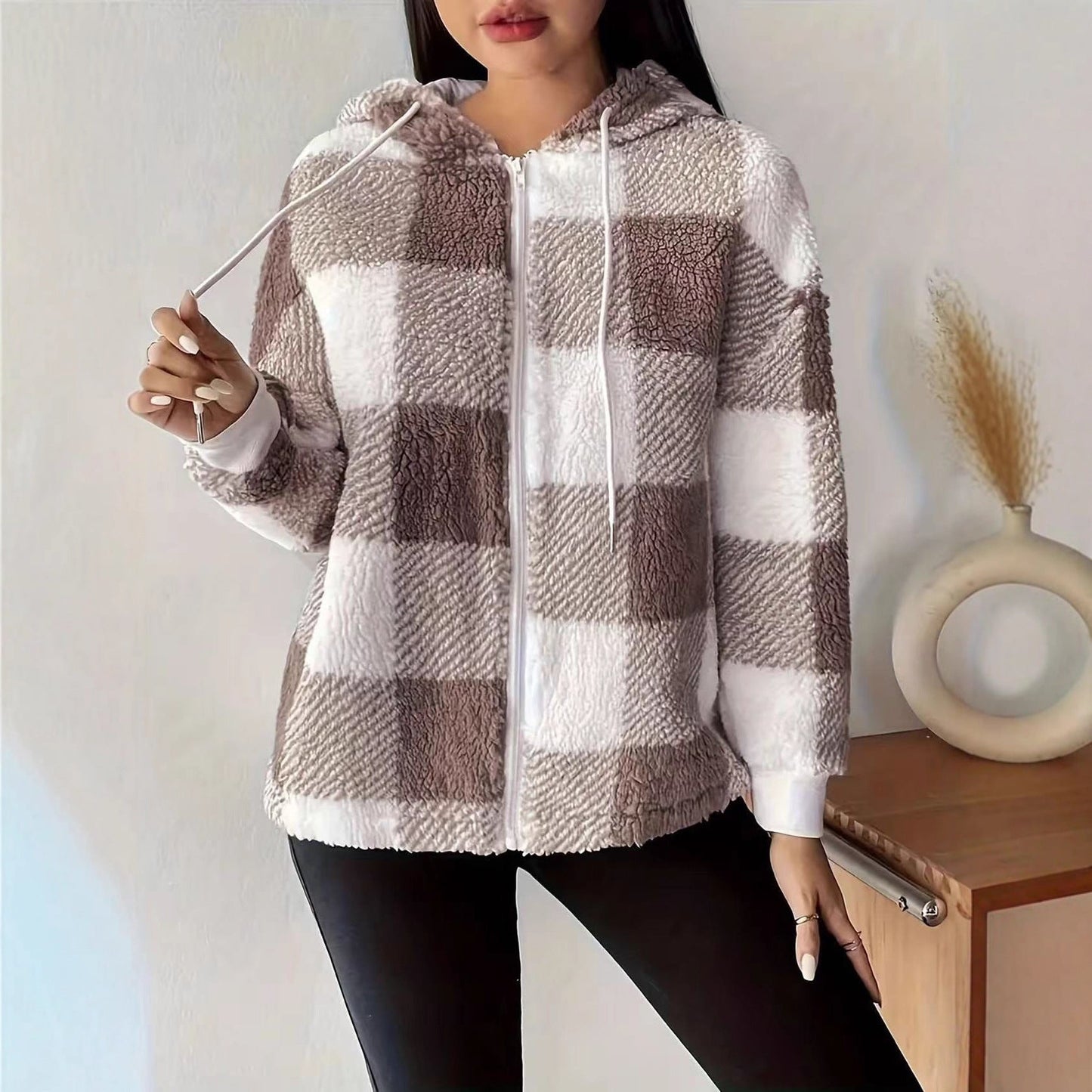 Damen Übergangsjacke Teddy-Material Karo Schwarz - Norvielle