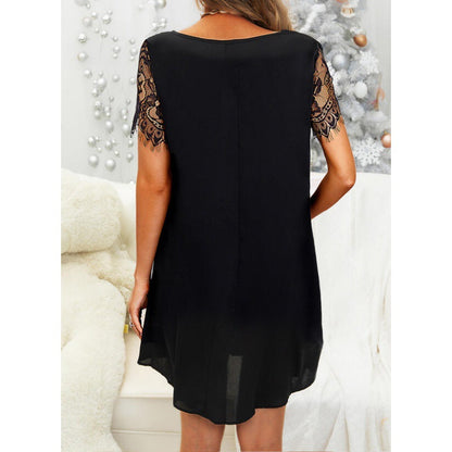 Damen Kleid mit Spitzenbesatz V-Ausschnitt Elegant