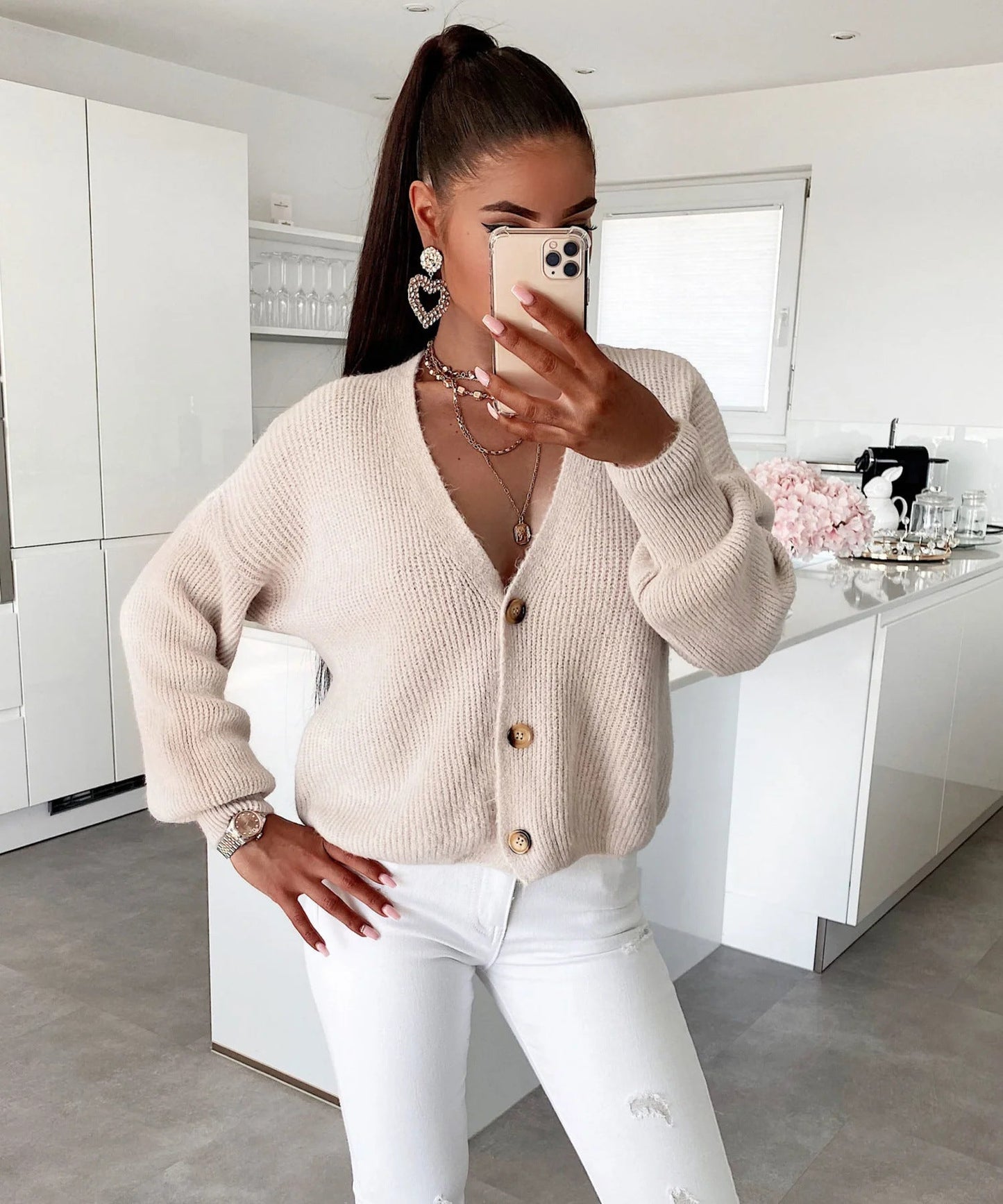 Damen Strickjacke Großknöpfe Lockere Ärmel Beige