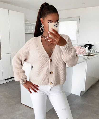 Damen Strickjacke Großknöpfe Lockere Ärmel Beige