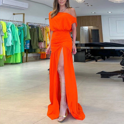 Damen Maxikleid Schulterfrei Fließend Hochschlitz
