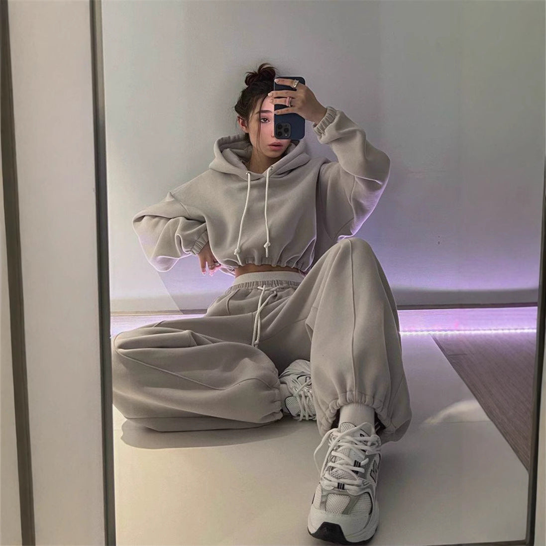 Damen Hoodie Jogginghose Baumwolle Bequem Grau