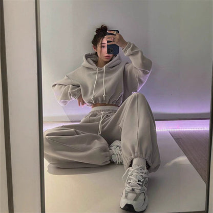 Damen Hoodie Jogginghose Baumwolle Bequem Grau