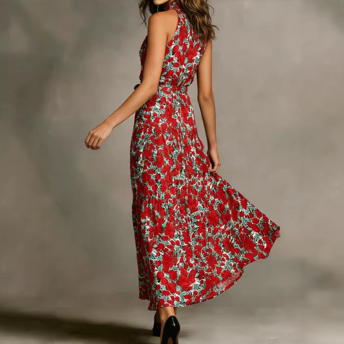 Damen Maxikleid Floralmuster Schmal Taillengürtel Norvielle
