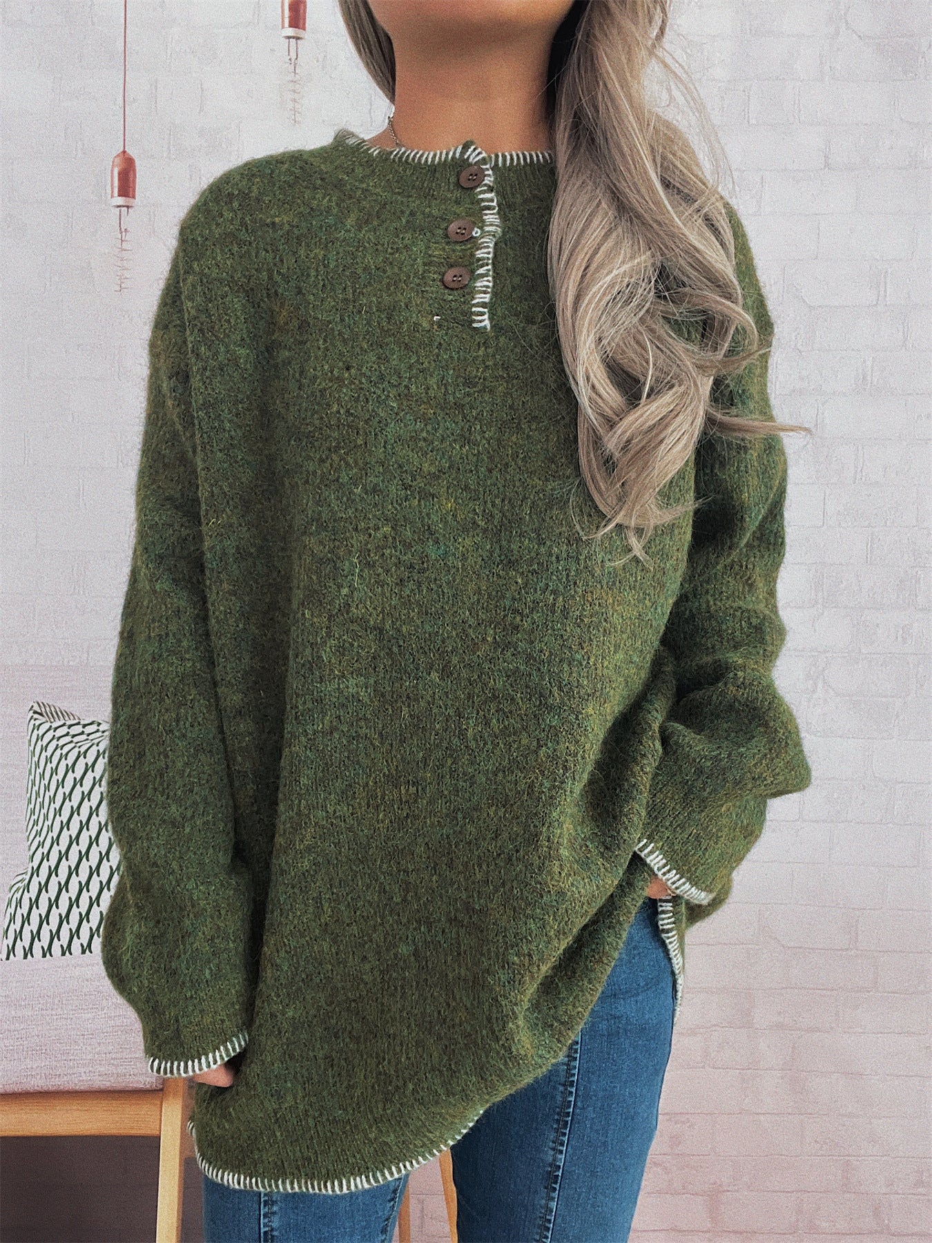 Damen Strickpullover Übergroß Klassisches Knopfdesign Beige